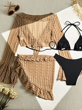 cheap 3 Pieces Bikini Set-Women's Swimwear Bikini Three Piece Cheeky Swimsuit Slim Backless Vacation Beach Wear Solid Color Halter Neck Sleeveless Long Sleeve Bathing Suits