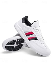 cheap Men's Golf Shoes-Men's White Golf Sneakers, Athletic Lace-Up Design with Color Stripe Detail, Shock-Absorbing Sole, Modern Sport Style for Golf Courses
