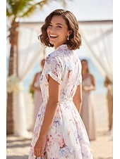 cheap Semi-formal / Cocktail-A-Line Ankle Length Tea Length Wedding Guest Dress Wedding Guest Dresses Elegant Daily Short Sleeve High Neck Garden Party Wedding Cowl Back with Floral Print Print