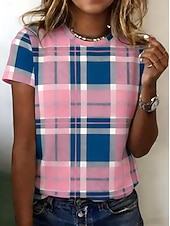 economico T-shirt a righe e geometrico-Per donna Maglietta Stampato Grafico Geometrico Plaid Vintage Elegante Classico Manica Corta Girocollo Top Regolari Quotidiano Blu Bianco / blu Rosa Estate Primavera Autunno