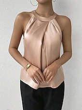 tanie Zwykły zbiornik-Damskie Elegancki Top satynowy Satynowa koszula Koszula obozowa Z marszczeniami Jednokolorowe Elegancki Podstawowy Codzienny Bez rękawów Kantarka Zwykłe topy Codzienny Święto Wyjściowe Czarny Biały