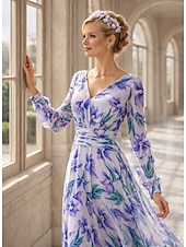  A-Line Ankle Length Wedding Guest Dress Formal Dresses Evening Gown Mother of the Bride Dress Long Sleeve V Neck Elegant Vintage Formal Wedding Guest Chiffon with Ruched Flower