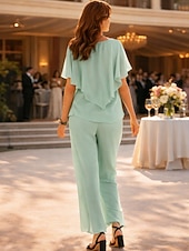 economico Tailleur pantalone della mamma-Due Pezzi Lunghezza al pavimento Abito da cerimonia per signora Manica Corta Collo gioiello Elegante Petite Ospite di nozze Chiffon con Arricciato