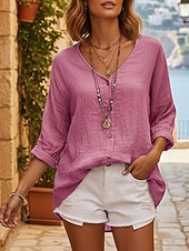 levne Základní falešné košile-Dámské Košile Košile pro volný čas Halenka Knoflíky Bez vzoru Čechy stylové Na běžné nošení Dlouhý rukáv Do V Běžné topy Denní Dovolená Jdeme ven Vodní modrá Světlá růžová Fialová Trávová zelená Khaki