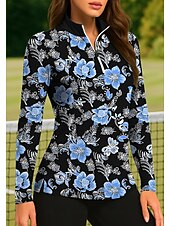 Недорогие Женская рубашка-Жен. Растения Цветочные тропический Цветочные ботанический Топы Футболка-поло Теннисная рубашка Длинный рукав С принтом Четверть молния Pullover УФ-защита Эластичный Дышащий Теннис Гольф Пиклбол