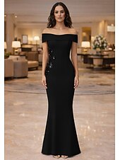 baratos Vestidos de Festa Sereia-Mermaid Trumpet Floor Length Evening Gown Elegant Sleeveless Off Shoulder Prom Wedding Stretch Crepe with Sequin Appliques