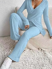 abordables Trajes de blusa para mujer-Mujer Blusa Conjuntos de pantalones parte superior del bolero Manga Larga Escote en Pico Color sólido Elegante Moda Ropa de calle Casual Diario Exterior Negro Caqui Azul claro Primavera Ajuste regular