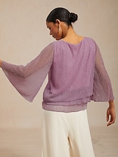  Damen Bluse Chiffon Tops Plissiert Geschichtet Metallisch Elegant Dreiviertelarm Glockenärmel Rundhalsausschnitt Täglich Hochzeitsgast Violett Sommer Frühling Herbst