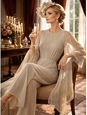 cheap Mom's Jumpsuits-Jumpsuit Pantsuit Floor Length Mother of the Bride Dress 3/4 Length Sleeve Crew Neck Elegant Simple Minimalist Formal Wedding Guest Chiffon with Ruched