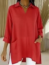 cheap Essential Faux Shirts-Women's Linen Like Faux Cotton Linen Blouse Pocket Buttons Solid Color Stylish Casual Long Sleeve Shirt Collar Long Tops Daily Blue Black White Red Purple Spring Fall