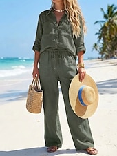 preiswerte Sets-Damen Baumwoll-Leinen-Sets Hosen-Sets Bolero-Oberteil Langarm V Ausschnitt Einfach Kordelzug Mode Streetwear Täglich Outdoor Strand Schwarz Weiß Gelb Sommer Lässiger Schnitt
