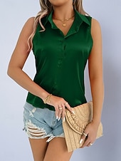 billige Enkle bluser-Dame Skjorte Sateng skjorte Bluse Ermeløs skjorte Knapper عادي Stilfull Klassisk Moderne Ermeløs Skjortekrage Vanlige topper Daglig Ferie Ut på byen Svart Hvit Lilla Grønn Sommer Vår