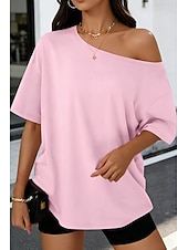 tanie gładka koszulka-Damskie Podkoszulek Jednokolorowe Elegancki Codzienny Krótki rękaw zimne ramię Długie topy Codzienny Wyjściowe Niebieski Czarny Biały Rumiany róż Wino Lato Wiosna