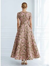 billige Cocktailkjoler-A-linje Ankellengde Cocktailkjoler Elegant Årgang Blomster Kortermet V-hals Hage fest Formell Lomme Jacquard Cowlhals med Sløyfe(r) Bølgemønster