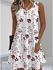 abordables Vestidos florales-Mujer Vestido hasta la Rodilla Vestido informal Vestido de una línea Vestido de flores Vestido de verano Elegante Casual Cita Ajuste regular Floral Sin Mangas Escote en Pico Camiseta con cuello