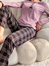 preiswerte Damen Schlafoberteile und -unterteile-Damen Schlafanzug Set Lässig Komfort Blumen Einfarbig Elastischer Bund Hose Täglich Heim Langarm V Ausschnitt Schwarz Weiß Purpur Grau Sommer Frühling Normale Passform