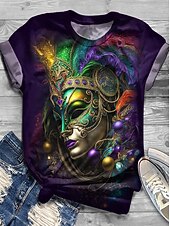billiga Mardi Gras kläder för kvinnor-Karnival Dam T-shirt Mönster Grafisk Färgblock Ledigt Kortärmad Rund hals Vanliga toppar Dagligen Rubinrött Grön Sommar Vår