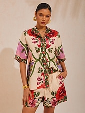 levne Květinové blůzy-Vzdušná lněná košile s květinovým vzorem a havajskými palmami