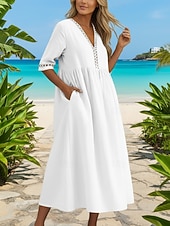 cheap Dresses-Women's 100% Cotton  Midi Dress Cotton Linen Dresses Shift Dress Fashion Modern Outdoor Vacation Going out Loose Fit Plain Half Sleeve V Neck Neon Yellow White Pink Green Summer Spring