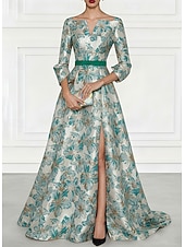  A-linje Gulvlengde Kveldskjoler Elegant Blomster Pastell 3/4 ermer Firkantet hals Bryllup Formell Jacquard med Sløyfe(r) Spalte