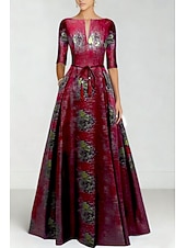 cheap A-Line Evening Dresses-Blue Jacquard Brocade A-Line Evening Gown Elegant Formal Dress Formal Wedding Floor Length Short Sleeve V Neck Nylon with Slit Pocket