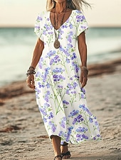 economico Abiti floreali-Per donna Abito maxi Vestito Estivo Vestito T-Shirt Abito a trapezio Vacanza Casual Spiaggia Uscire Vestibilità comoda Floreale Grafico Manica Corta Scollo a V Giallo Viola Verde Estate Primavera