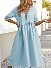 cheap Dresses-Women's 100% Cotton  Midi Dress Cotton Linen Dresses Shift Dress Fashion Modern Outdoor Vacation Going out Loose Fit Plain Half Sleeve V Neck Neon Yellow White Pink Green Summer Spring