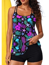 abordables Surfing Tankinis &amp; Bikinis-Mujer Regular Camiseta Protección Solar Surf Traje de baño con estampado floral Trajes de baño tankini Oceano Flores Tropical 2 Piezas Acolchado extraíble Boyleg Protección solar UV UPF50+ Elástico