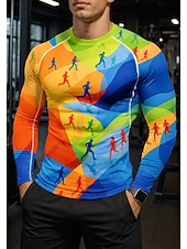 abordables T-shirts et Débardeurs de Course-Homme Géométrique T-shirt de compression Haut de course T-shirt de course Printemps Automne Impression 3D manche longue Séchage Rapide Compression Power Flex Évacuation de l'Humidité Respirant