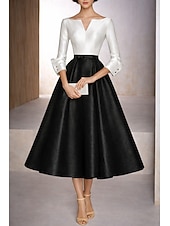 cheap Cocktail Dresses-A-Line Tea Length Pink Dress Cocktail Dresses Party Dresses Wedding Guest Dresses Elegant Color Block Long Sleeve V Neck Wedding Formal Pocket Taffeta Stretch Satin Cowl Back with Embroidered Flower