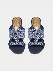 economico Madre della Sposa/Sposo-mules da donna con tacco a blocco blu navy decorato, eleganti scarpe da sera vintage per la madre della sposa, matrimonio rustico in un fienile