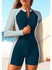 baratos Rash Guards de Uma Peça-Mulheres Anti Atrito Maiô de surfe de uma peça Roupa de banho Geométrica Riscas Bloqueio de cores Zip Up Com sutiã embutido Bojo Removível Proteção Solar UV UPF50+ Ultra Leve (UL) Manga Longa Roupa