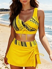abordables Tankinis-Mujer Bañadores Bikini 2 piezas Falda Traje de baño Control de barriga Alta cintura Delgado Espalda al Aire Vacaciones Vintage Graphic Geométrico Escote en Pico Sin Mangas Trajes de baño