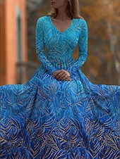 economico Abiti floreali-Per donna Abito maxi Abito Pieghettato Festa Casual Boho Quotidiano Data Uscire Vestibilità regolare Floreale Manica Lunga Scollo a V Blu Verde Estate Primavera