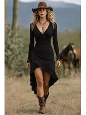 abordables Vestidos Boho-Vestido Midi de Mujer Boho Vestido en A Vestido Volante Casual Exterior Salida Fit Ajustado Color Sólido Manga Larga Cuello en V Negro Camel Marrón Azul Oscuro Verano Primavera Otoño