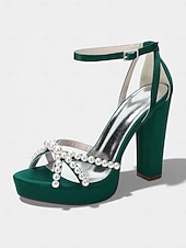 cheap Bride-Women's Ivory Platform Chunky Block Heel Sandals, Pearl-Embellished Ankle Strap Bridal Shoes for Church Weddings