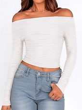 tanie gładka koszulka-Damskie Podkoszulek Koszulka Jednokolorowe Elegancja Moda Elegancki Długi rękaw Z odsłoniętymi ramionami Zwykłe topy Codzienny Wyjściowe Weekend Czarny Biały Rumiany róż Zieleń wojskowa Czerwony