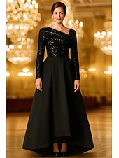 baratos Vestidos de Festa em A-A-Line Asymmetrical Floor Length Evening Gown Ball Gown Formal Dress Elegant Glittering Silky Long Sleeve One Shoulder Wedding Formal Pocket Satin with Glitter Shawl