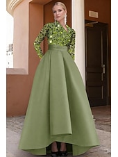 cheap A-Line Evening Dresses-A-Line Asymmetrical Evening Gown Elegant Color Block Glittering Long Sleeve V Neck Wedding Formal Pocket Satin Sequined with Glitter Pocket