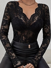 economico Top in Pizzo-Per donna Blusa Top in pizzo Pizzo Floreale Semplice Elegante Sexy Moderno Manica Lunga Scollo a V Top Regolari Quotidiano Ferie Uscire Blu Nero Bianco Vino Verde Estate Primavera Autunno Inverno