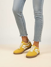 economico Donne-sneakers basse gialle retrò da donna - scarpe casual vintage con lacci, comode da indossare tutti i giorni per lo stile street &amp; outdoor