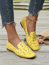 levne Dámské boty s plochou podrážkou-Dámské žluté ploché boty s výřezem – prodyšný perforovaný design, mokasíny ve vintage stylu na jaro a léto, na chůzi, cestování, volný čas a každodenní outfity