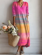 cheap Boho Dress-Women's Maxi Dress Linen Like Breathable Lightweight Sundress A Line Dress Vacation Casual Boho Holiday Regular Fit Floral Graphic Color Block Long Sleeve V Neck Yellow Pink Green Beige Summer Spring