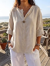 abordables Shirts-Women's Linen Shirts Blouse Patchwork Plain Stylish Modern Casual Long Sleeve V Neck Regular Tops Daily Holiday Going out Black White Navy Blue Orange Green Summer Spring