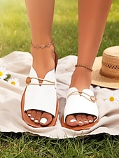 economico Infradito scivolosi-sandali piatti neri da donna con dettaglio a bottone, adatti per abbigliamento casual, uscite estive, spiaggia e attività quotidiane