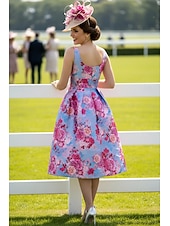 abordables Longitud del té-Corte A Vestido Midi Vestido Cóctel Vestido Invitada Boda Vestido Derby Vestido de Madrina Sin Mangas Camiseta con cuello redondo Elegante Invitado a la boda El derby de Kentucky Satén con Impresión