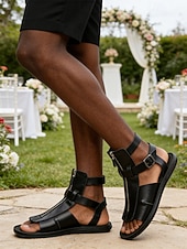 cheap Sandals-Men's Black Faux Leather Open-Toe Sandals, Buckle Strap Design, Comfortable Support, Casual Elegant Style for Beach Wedding Guests