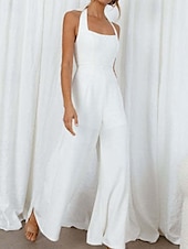 billige Jumpsuits-Dame Normal Kjeledresser Elegant Helfarge Ermeløs Bred Bukseben Grimehals Åpen rygg Daglig Feriereise Løstsittende Hvit Lysegrønn Rosa Sommer