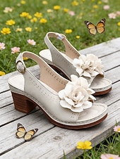 preiswerte Absatzsandalen-Graue Damen-Sandalen mit mittelhohem Absatz und Blumenmuster – elegant-lässiger Stil, bequemer Blockabsatz, ideal für Damen, Alltag, Gartenpartys, Reisen und Sommerveranstaltungen