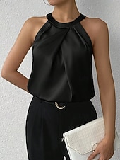 tanie Zwykły zbiornik-Damskie Elegancki Top satynowy Satynowa koszula Koszula obozowa Z marszczeniami Jednokolorowe Elegancki Podstawowy Codzienny Bez rękawów Kantarka Zwykłe topy Codzienny Święto Wyjściowe Czarny Biały